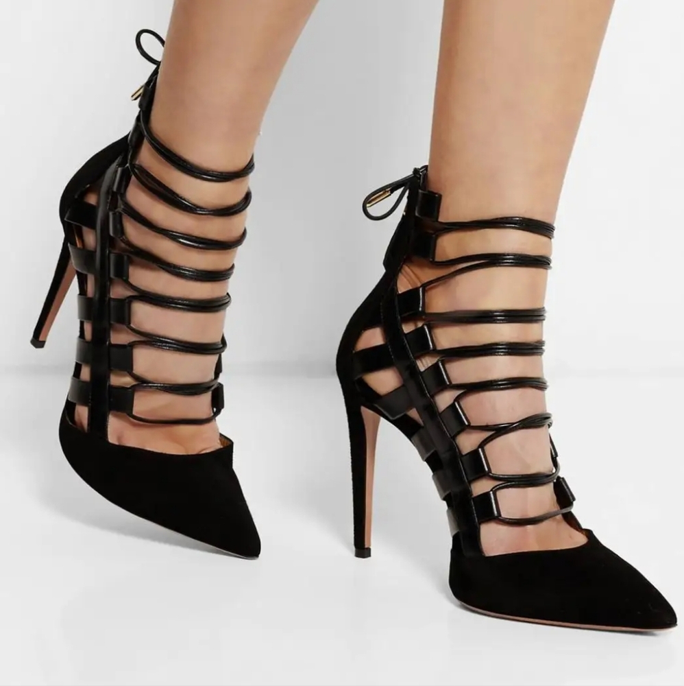Aquazzura Black Suede and Nappa Amazon 105 Lace Up Heels SIZE 8 EU 38.5